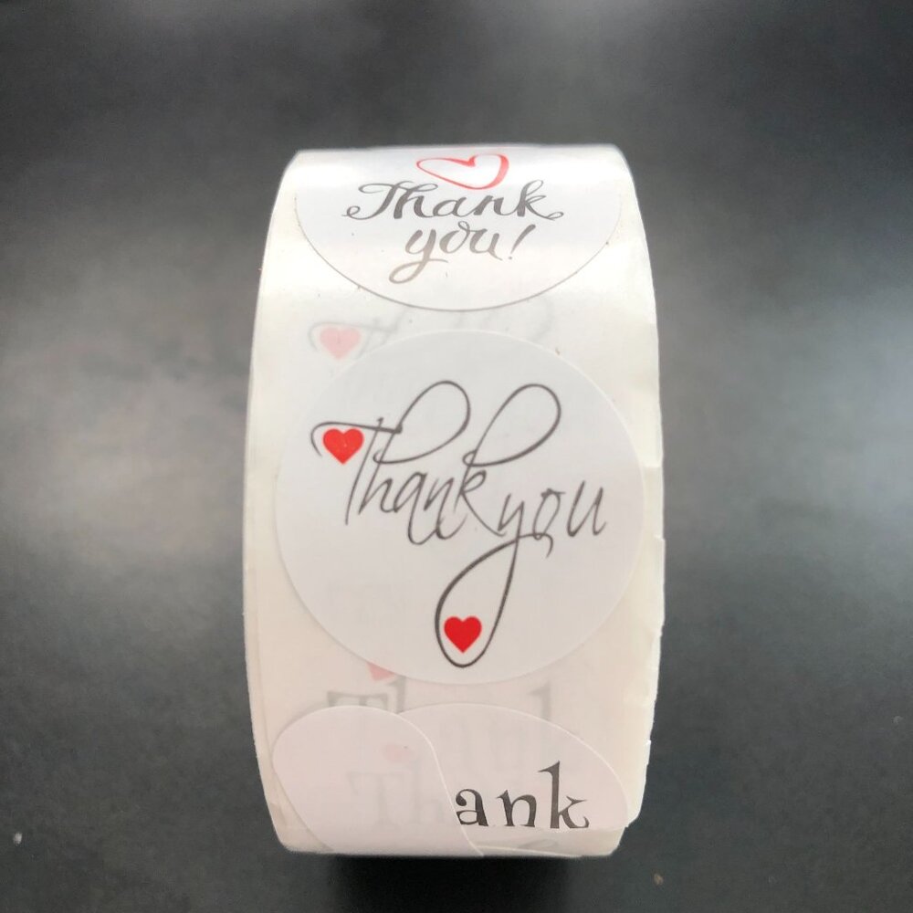 1 Roll 500 pc Thank You Stickers with Red Hearts 1" Round
